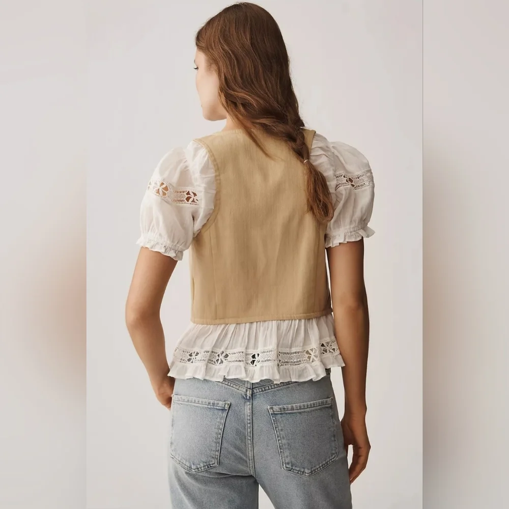 NWT Anthropologie Tan Puff Sleeve Twofer Top